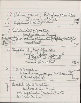 List of Defendants' Bill of Exceptions Volumes and Supplementary Motions