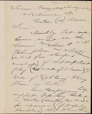 J. M. Regan autograph letter signed to Sacco-Vanzetti Defense Committee, Boston, Mass., [1921-1927]