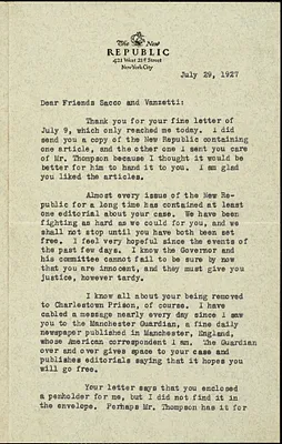 Bruce Bliven typed letter signed to Nicola Sacco and Bartolomeo Vanzetti, New York, 29 July 1927