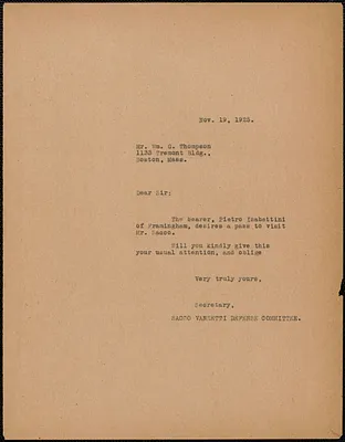 Sacco-Vanzetti Defense Committee typed letter (copy) to William G. Thompson, Boston, Mass., November 19, 1925