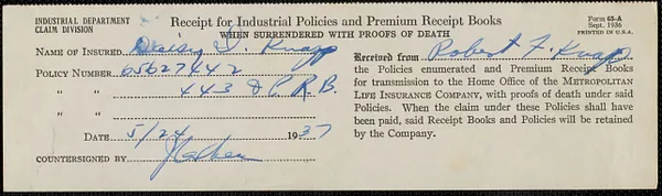 Receipt from Metropolitan Life Insurance Company for Robert F. Knapp, May 24, 1937