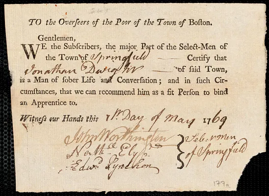 Ann Forrest indentured to apprentice with Jonathan [Jon] Dwight of Springfield, 12 April 1769