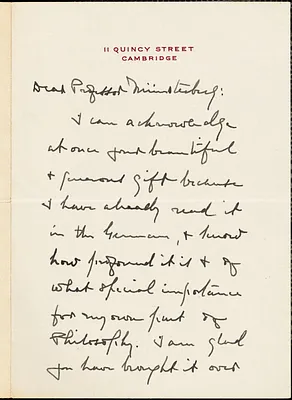 Palmer, George Herbert, 1842-1933 autograph letter signed to Hugo Münsterberg, Cambridge, Mass., 20 May 1909