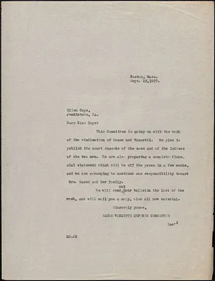 Mary Donovan (Sacco-Vanzetti Defense Committee) typed note to Ellen Cope, Boston, Mass., September 22, 1927