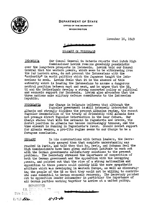 Memorandum, State Department Summary of Telegrams