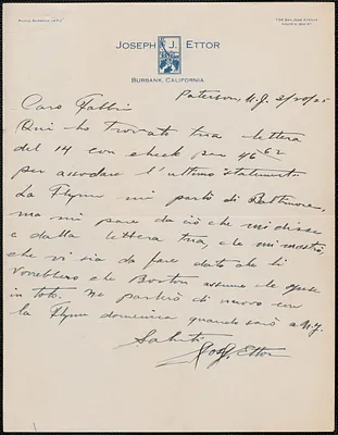Joseph J. Ettor autograph letter signed, in Italian, to Amleto Fabbri, Patterson, N.J., March 20, 1925
