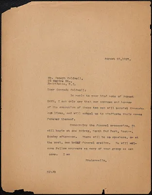 Gardner Jackson typed letter (copy) to Joseph Coldwell, Boston, Mass., August 25, 1927