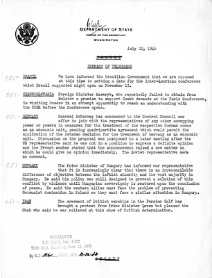 Memorandum, State Department Summary of Telegrams