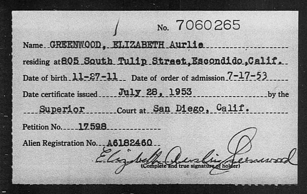 Greenwood, Elizabeth Aurlie - 1953