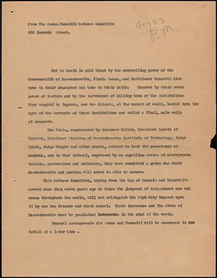 Sacco-Vanzetti Defense Committee typed document (copy, circular), Boston, Mass., [August 23, 1927]