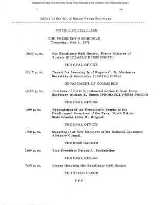 President's Schedule, Thursday, May 1, 1975