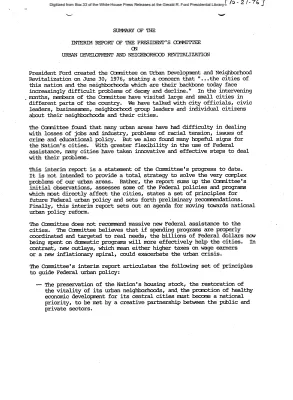 Summary of the Interim Report of the President's Committee on Urban Development and Neighborhood Revitalization