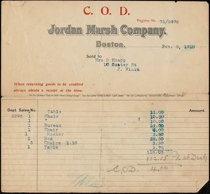 Receipt from Jordan Marsh Company for Mrs. R. Knapp, Feb. 8, 1910
