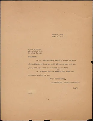 Joseph Moro (Sacco-Vanzetti Defense Committee) typed note (copy) to Gordon & Gotch, Boston, Mass., November 4, 1927