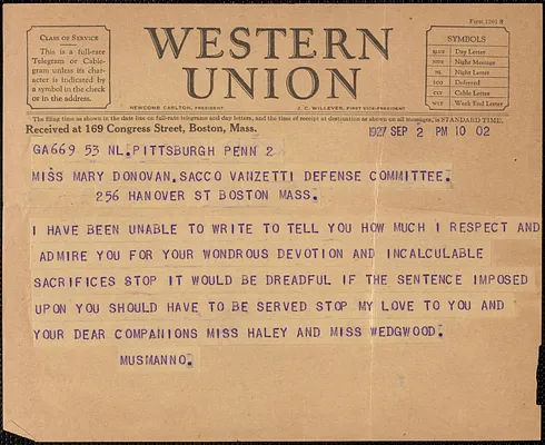 Michael Musmanno telegram to Mary Donovan, Pittsburgh, Pa., September 2, 1927