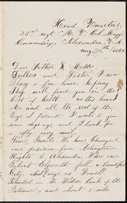 Letter from William Jubb, Alexandra V.A., to Thomas and Harriet Jubb, West Chelmsford, Mass., August 30, 1862
