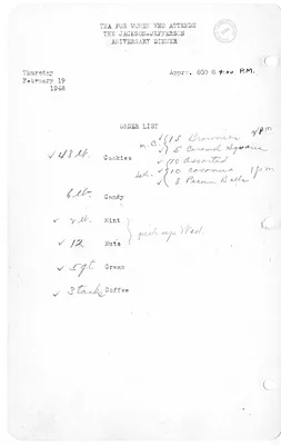 Shopping List for Tea for Women Attending the Jackson-Jefferson Anniversary Dinner