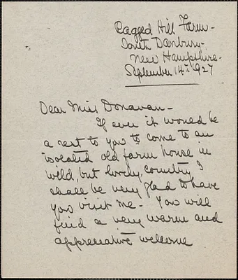 Elsie Hillsmith autograph letter signed to Mary Donovan, South Danbury, N. H., September 14, 1927