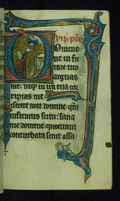 Leaf from Book of Hours: Seven Penitential Psalms, Initial ""D"" Showing a Man Kneeling Before an Altar Praying, with God Descending from a Cloud and Marginal Drollery of a Man Playing a Vielle