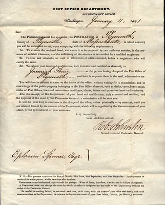 Letter of Appointment as Postmaster to Ephraim Spooner (1804-1887) Jan. 11 1841