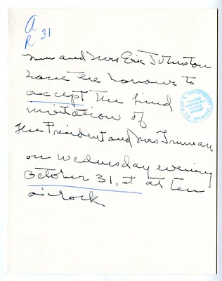 Invitation Reply from Mr. and Mrs. Eric Johnston to the White House Social Office
