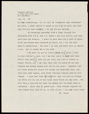 James, William, 1842-1910 typed letter signed to Hugo Münsterberg, Vers chez les Blanc, 24 August 1892