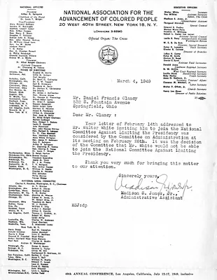 Letter from Madison Jones, Administrative Assistant to Walter White, to Daniel F. Clancy