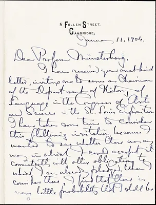 Goodwin, William Watson, 1831-1912 autograph letter signed to Hugo Münsterberg, Cambridge, Mass., 11 January 1904