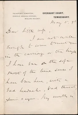 [John Biddulph Martin] autograph note signed to [Victoria Woodhull Martin], Tewkesbury, [England], May 5, 1896