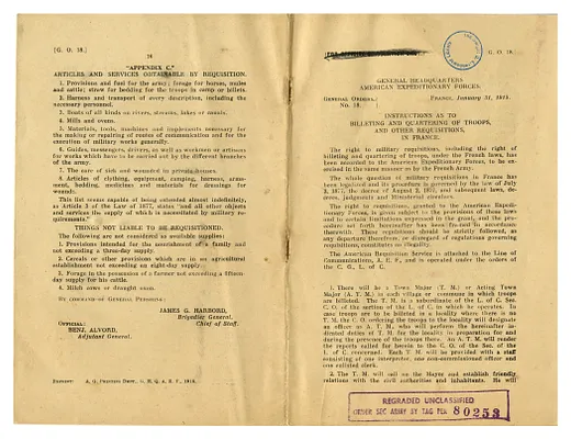 General Orders No. 18: Instructions as to the Billeting and Quartering of Troops and Other Requisitions in France