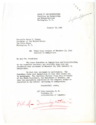 Letter from Congressman John Lesinski to President Harry S. Truman