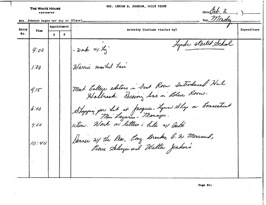 Lady Bird Johnson's Daily Diary Entry, 2/3/1964
