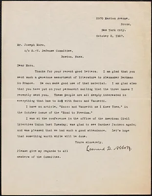 Leonard D. Abbott (The Square Deal) typed letter signed to Joseph Moro, Bronx, N. Y., October 2, 1927