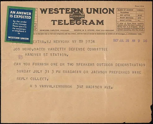W. S. Van Valkenburgh telegram to Joseph Moro, New York, N.Y., July 28, 1927