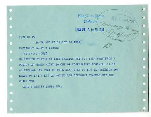 Telegram from Carl Berger to President Harry S. Truman