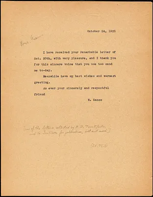 Nicola Sacco typed letter (copy) to Elizabeth Glendower Evans, [Dedham], 24 October 1925
