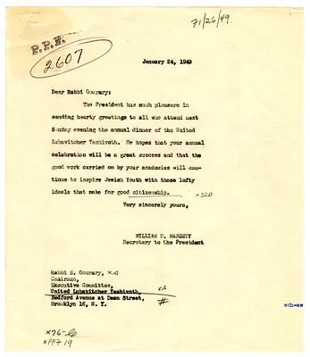 Letter to Rabbi S. Gourary from William D. Hassett, with Attachments
