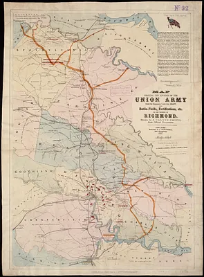 Map showing the advance of the Union army under the command of Lieut.-Gen. Grant, also, battle-fields, fortifications, etc. in the vicinity of Richmond