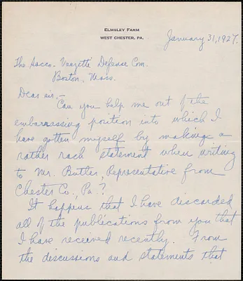 Lauretta P. James autograph letter signed to Sacco-Vanzetti Defense Committee, Westchseter, Pa., January 31, 1927