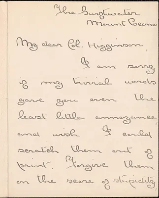 Agnes Repplier autograph letter signed to Thomas Wentworth Higginson, The Swiftwater, Mount Pocono