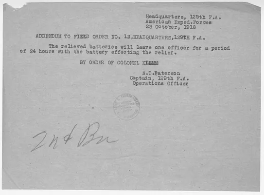 Addendum to Field Order Number 12 from Captain Newell T. Paterson
