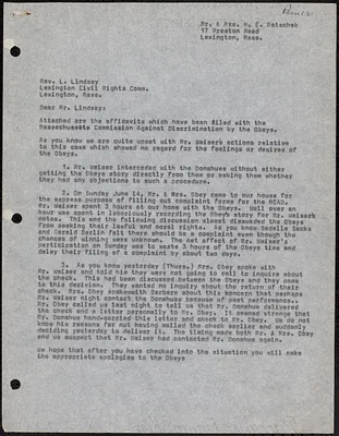 Letter to Reverend L. Lindsay from Mr. and Mrs. H. E. Petschek.