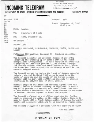 Telegram from Lewis Douglas to Secretary of State George Marshall