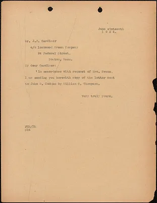 [Fred H. Moore] typed note (copy) to John Pennington Gardiner, [Boston, Mass.], June 16, 1924