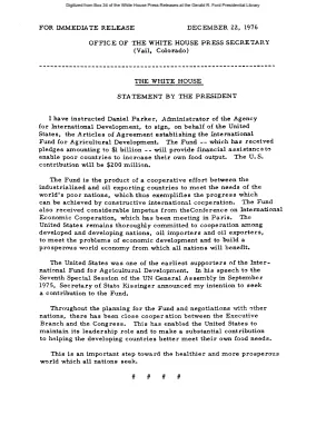 Statement by the President on the Articles of Agreement establishing the International Fund for Agricultural Development [Ford Speech or Statement]