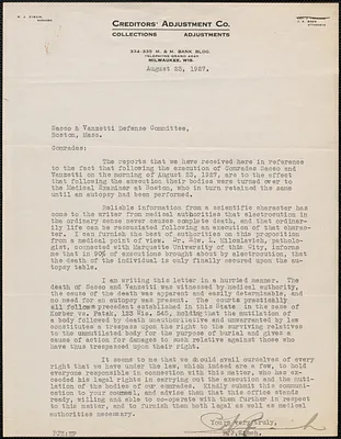 R. J. Zisch typed letter signed to Sacco-Vanzetti Defense Committee, Milwaukee, Wis., August 23, 1927