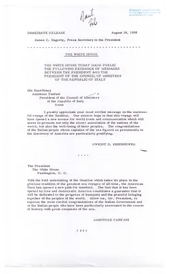 Press Release Regarding Communications Between Prime Minister Amintore Fanfani and President Dwight D. Eisenhower