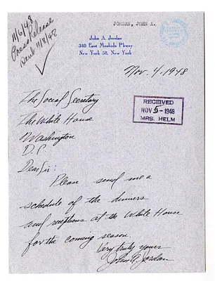 Letter from John A. Jordan to the White House Social Office