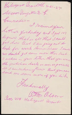 Otto Olson autograph letter signed to Sacco-Vanzetti Defense Committee, Kalispell, Mont., April 21, 1927