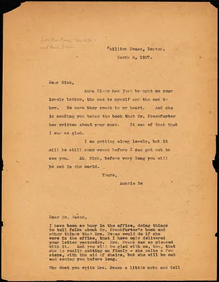 Elizabeth Glendower Evans typed note (copy) to Nicola Sacco, Boston, 8 March 1927